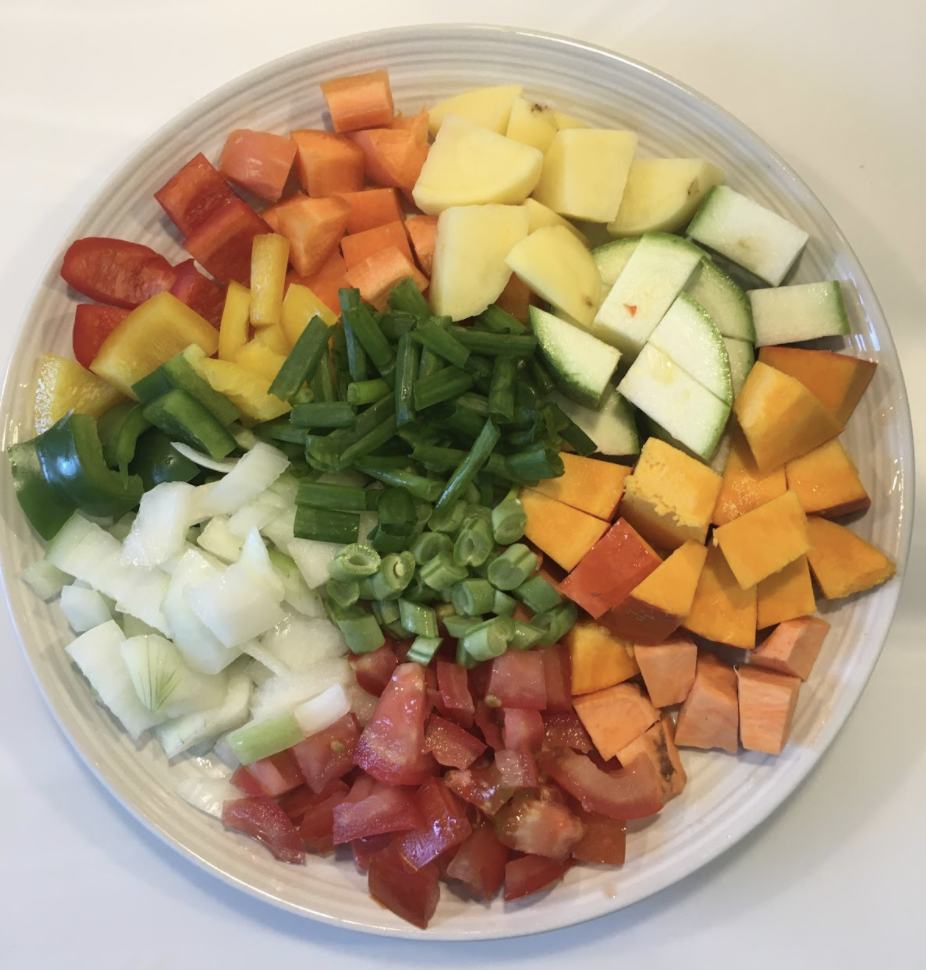 ½ cup potatoes, peeled ½ cup zucchini ½ cup pumpkin ½ cup sweet potato ½ cup carrots 1 cup mixed bell peppers( green, yellow, red) ½ cup onions ½ cup tomatoes ¼ cup French beans ½ cup spring onions INSTRUCTIONS Chop all the vegetables Keep aside