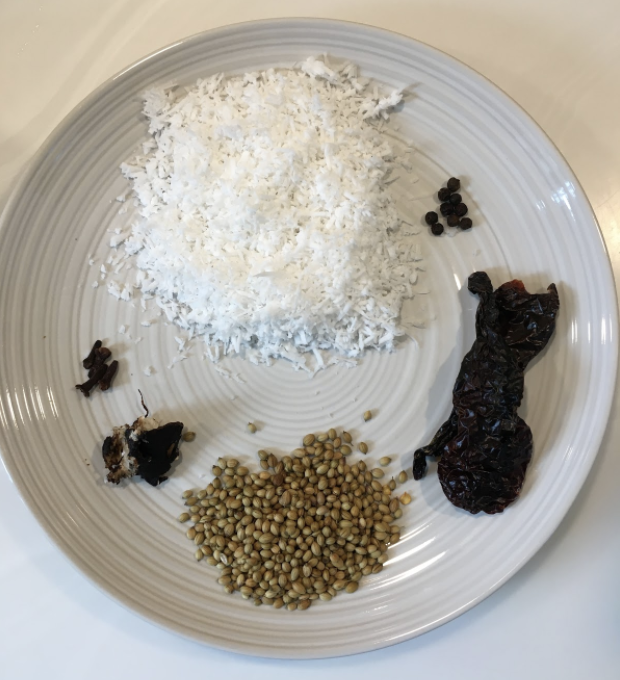 5 cloves 7-8 black pepper 3 tsp coriander seeds 150 -200 gms fresh grated coconut 4-5 dry red chilies ( Kashmiri) Tamarind ( small piece) ½ tsp turmeric powder TEMPERING 2-3 tbsp coconut oil 1tsp mustard seeds Few curry leaves ¼ tsp Hing( asafoetida) INSTRUCTIONS Soak the sprouted Moong in plenty of water for 1hour The skin of the sprouts will loosen Remove as much skin as you like and discard it. This step is completely optional. It is commonly followed in Goa. Many times I cook the Moong with the skin on