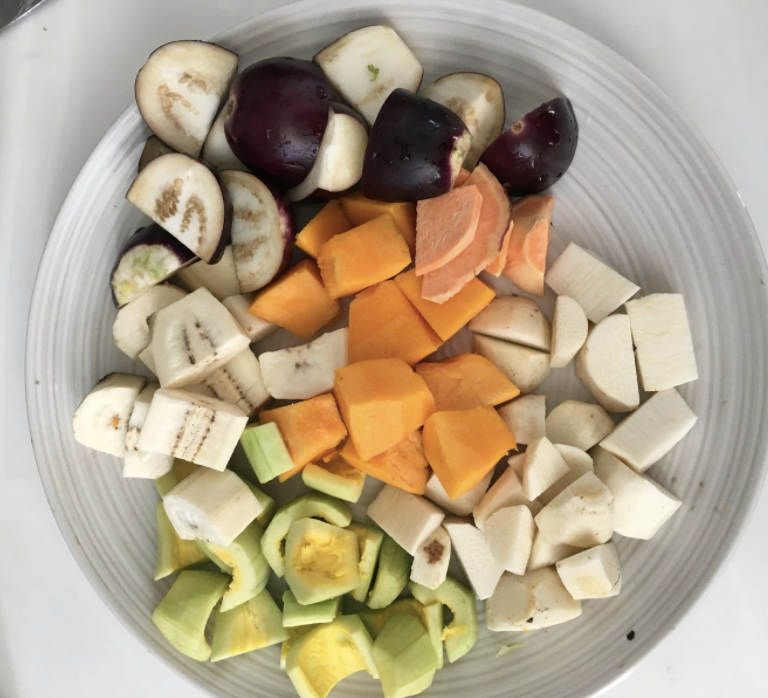    ½ cup pumpkin, cut    ½ cup pointed gourd, cut    /2 cup raw banana, peeled and cut    1/2cup Sweet potato, cut    ¼ cup baingan( eggplant), cut    ¼ cup colocasia( Arbi ) peeled and cut       SPICE PASTE     2 tsp saunf (fennel)    1 tsp cumin    1tsp black pepper    1bay leaf    Soak these spices in water for 30 to 45 mins    