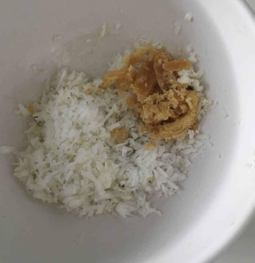    ½ cup grated coconut    Jaggery to taste    Salt to taste    ¼ cup Urad dal ki badiyan ( I didn’t have any)    Hing    ¼ tsp Haldi powder    Mustard seeds for Tadka    Dry red chilies for tadka        INSTRUCTIONS     Heat ghee in a pan.    Pan-fry the Urad dal badis until slightly golden    Remove and keep aside    Add some more ghee    Add prepared spice paste.    Add turmeric and salt and fry on low flame for 1-2 mins    Add all the cut vegetables    Add boiled Chana   