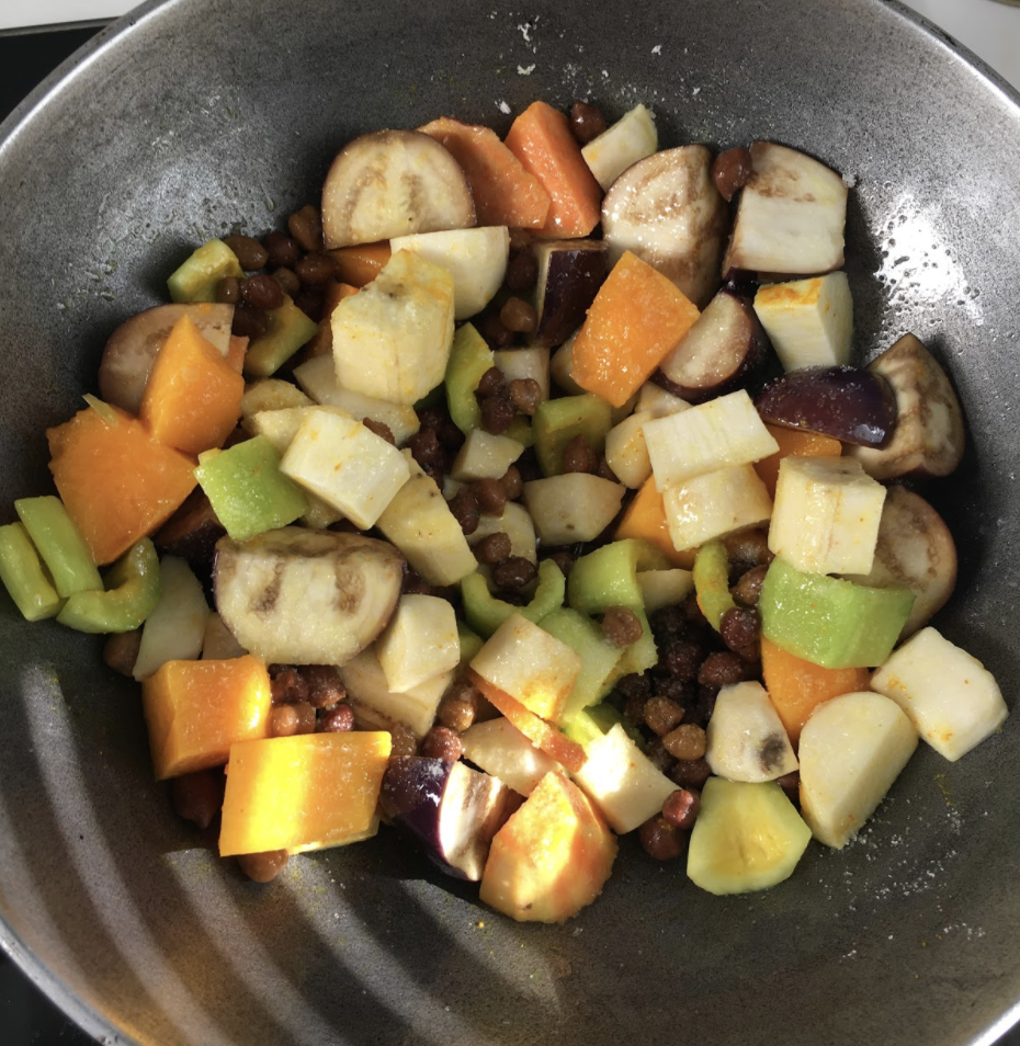    Mix well    Add enough water to cook vegetables    Cover and cook on low flame( 10 mins)    Add jaggery    Add grated coconut and mix well   