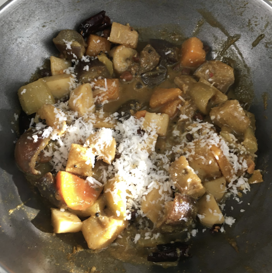    Now cook on low for few more min until vegetables are cooked    Add fried badis and mix    Switch off flame    Prepare the Tadka    Heat ghee, add mustard seeds and red chilies. Add Hing. Pour this Tadka over the prepared Mahura vegetable    That’s it,  your Veg Mahura is ready   