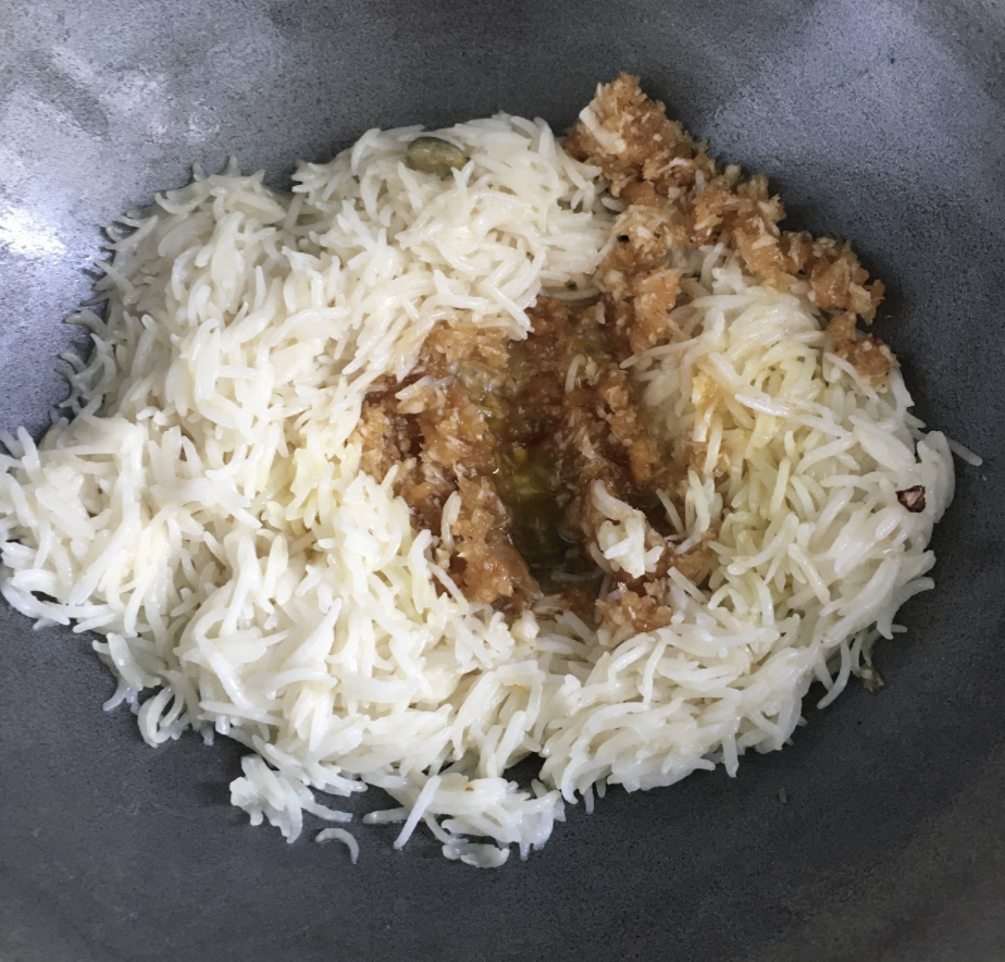 Mix ( gently) Add saffron, cashews, and raisins Add nutmeg powder Add a pinch of salt Stir gently Cover and cook on low flame for another 5-8 mins ( until rice is fully cooked) That’s it, your delicious Narali Bhat is ready