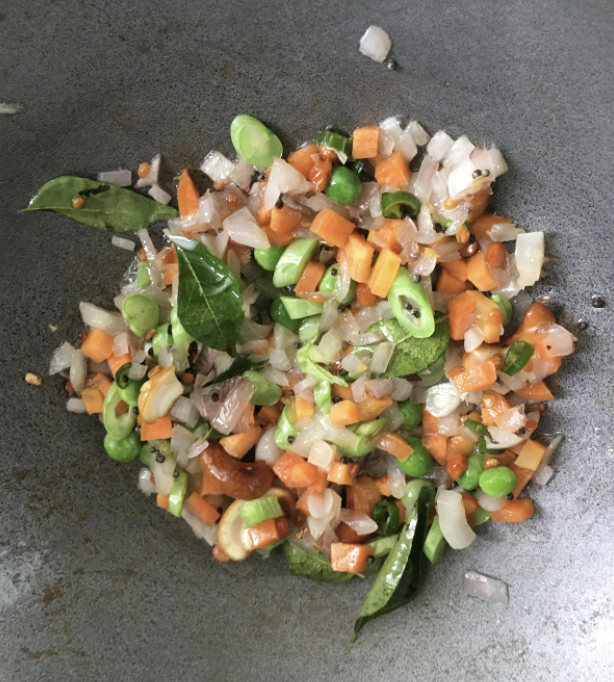 Add salt Add drained quinoa Mix well for 1-2 mins Add enough hot water to cook quinoa and vegetables ( quinoa to water ratio is 1:2) Cover and cook on low flame 10-15 mins until quinoa is cooked