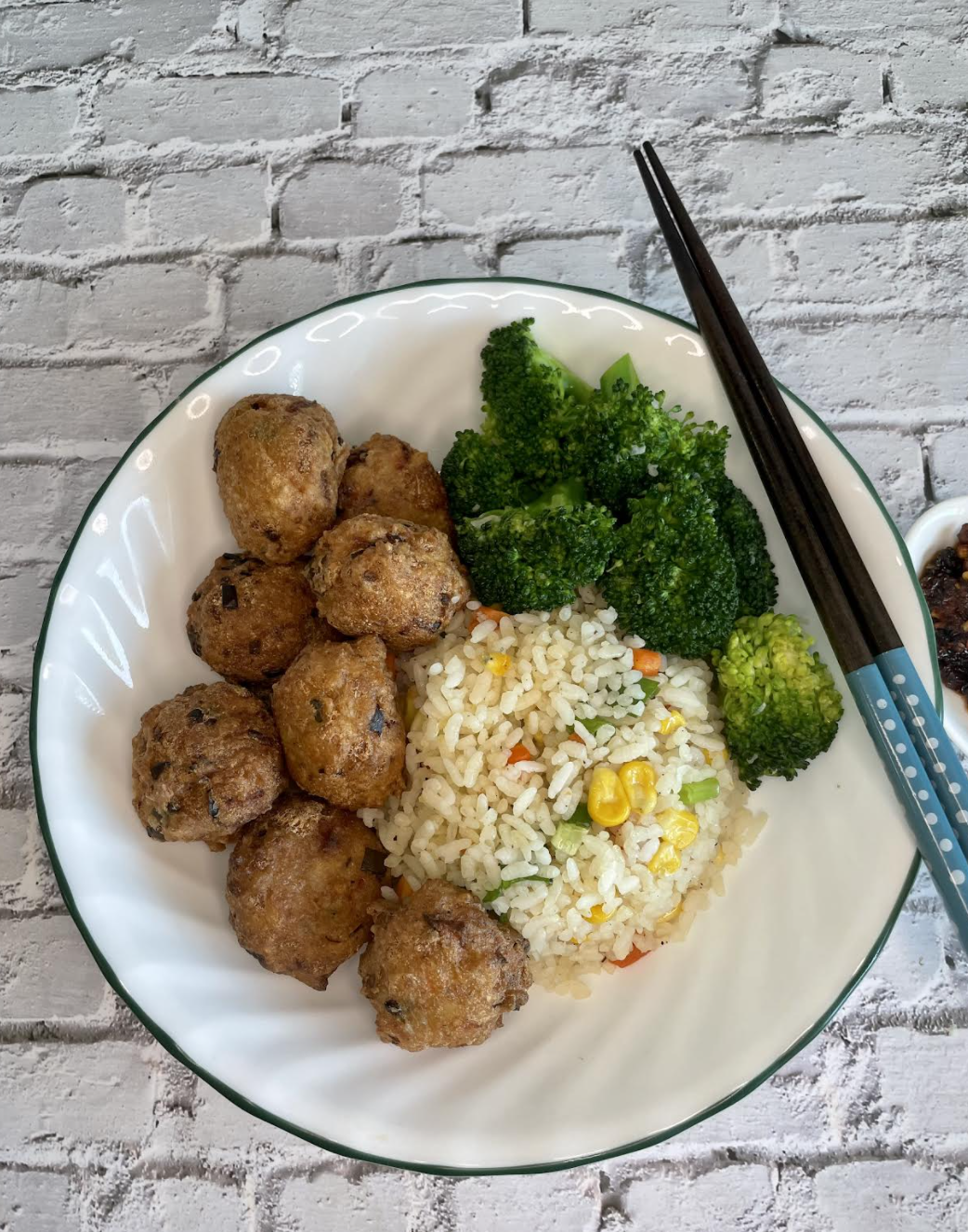 Tofu Teriyaki Balls served with broccoli and rice