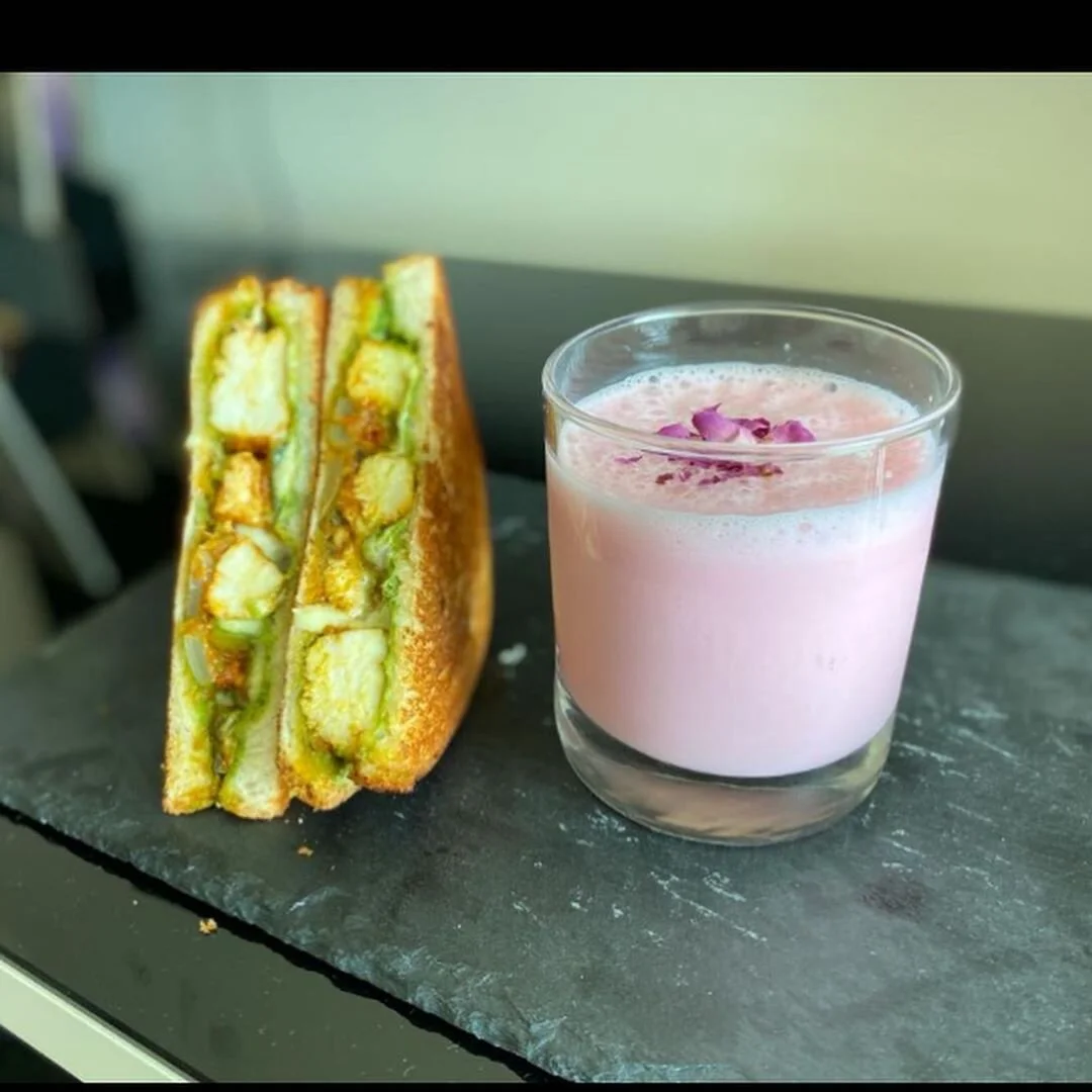  Tandoori Paneer sandwich and Rose Flavoured Lassi Perfect evening snack Spicy Tandoori cottage cheese with chutney sandwiches paired beautifully with sweet Rose Lassi.     INGREDIENTS : 