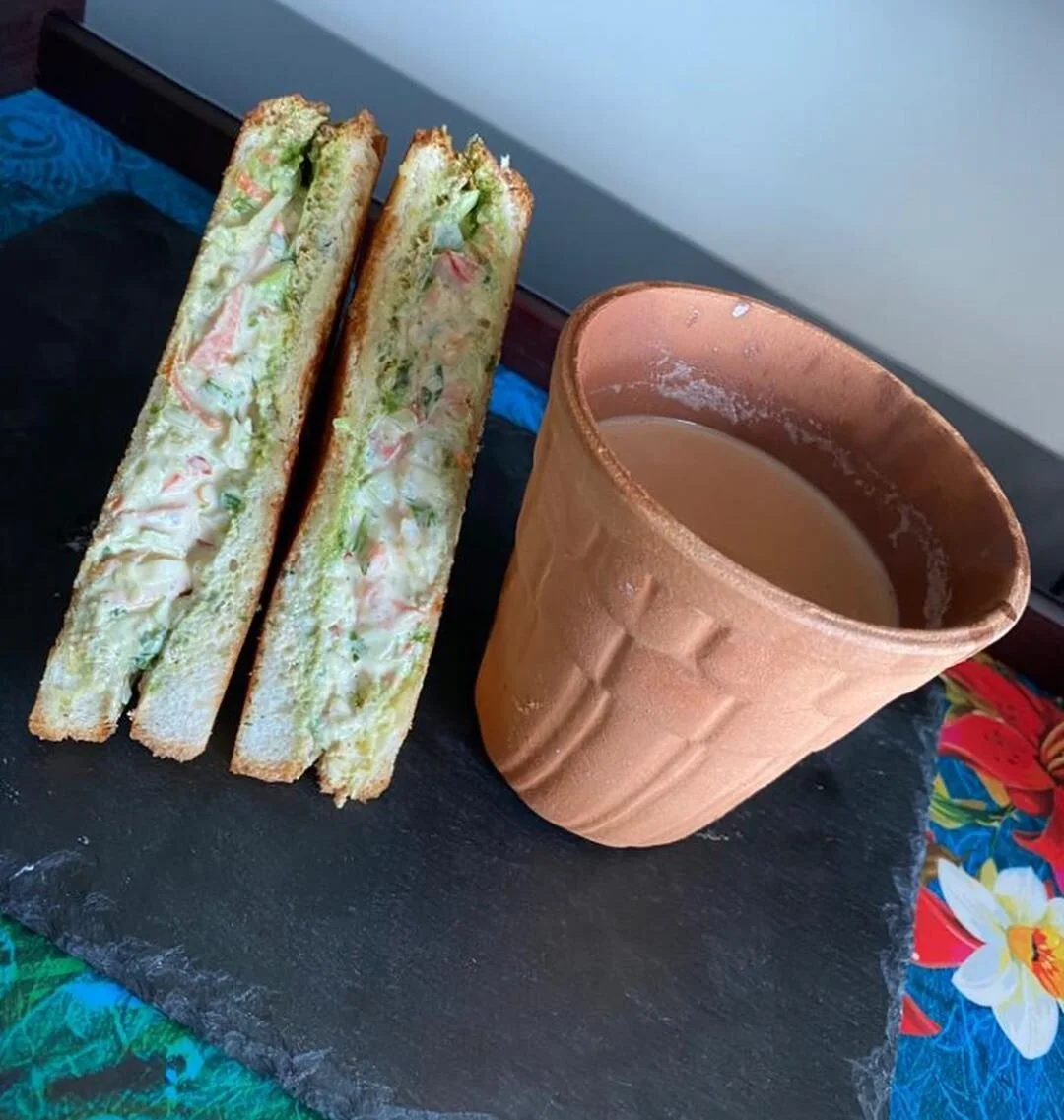 Chai Time ( tea Time ) Vegetarian Dahi ( hung curd ) Sandwiches Kulhad Masala Chai ( made with my special homemade tea masala ) INGREDIENTS :