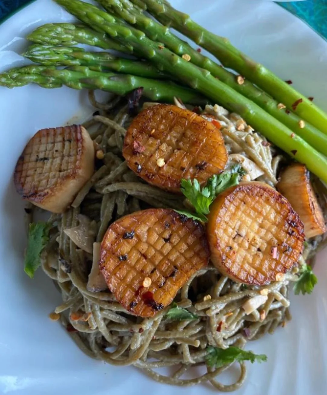 Creamy and spicy Vegan Scallops Spaghetti
